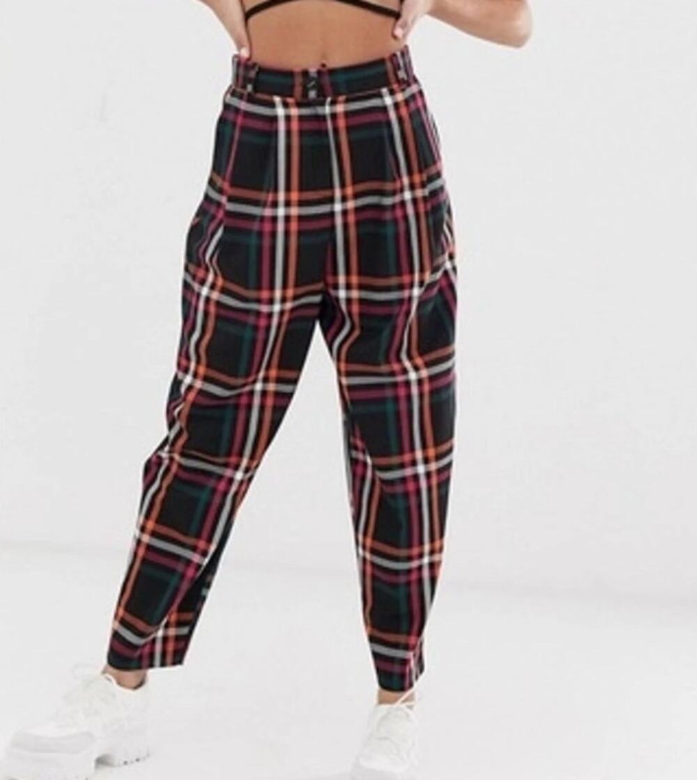 ASOS plaid tapered trousers high rise fall winter check pants size 4 preppy - Picture 1 of 9